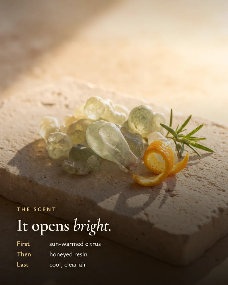 The scent: sun-warmed citrus, honeyed resin, cool clear air