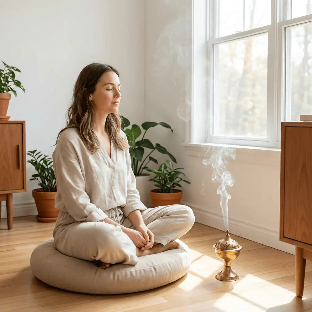 Sacred meditation space with rising smoke