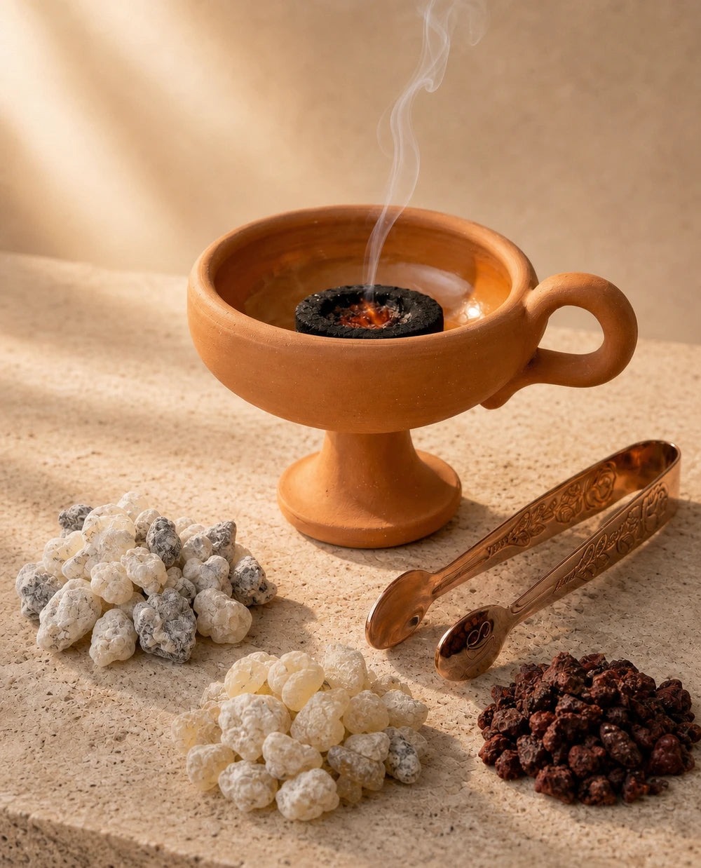 Hojari, Amber and Dragon's Blood standing together, three resins on pale stone