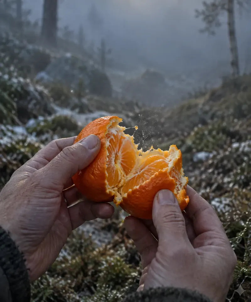 An orange torn open in cold morning light, a pine branch behind it