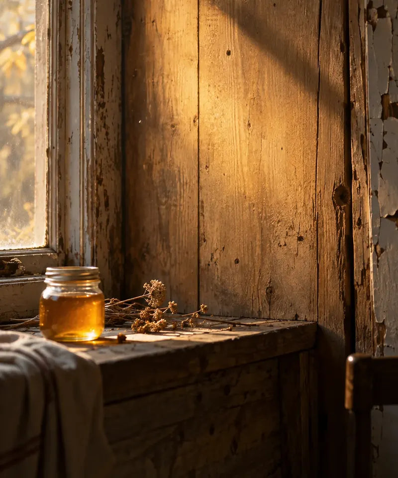 Late sun across old wood and a spoon of honey