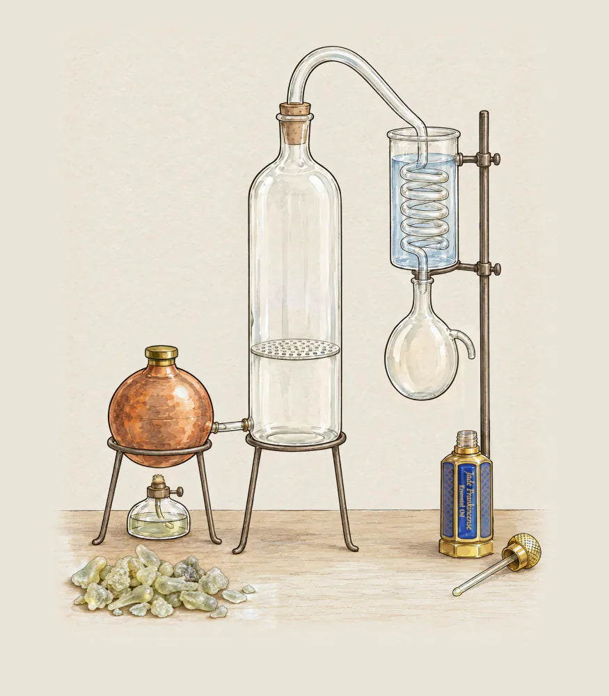 An ink-and-watercolour drawing of steam distillation on parchment, its route marked and labelled. Water, heated in a copper vessel over a small lamp, becomes steam that runs through a short pipe into a tall glass still and up through the green resin on a perforated plate. As steam and scent, it rises through the cork and the curved glass neck into the cooling coil, standing in water, where it turns back to liquid. In the round flask below, oil and water part: a layer of golden oil floats on top and leaves by the side spout, drop by drop, as pure oil into the open cobalt-and-gold bottle labelled Jade Frankincense Essential Oil. Its knurled gold cap and glass wand lie beside it, and a few pale green resin tears lie on the table.