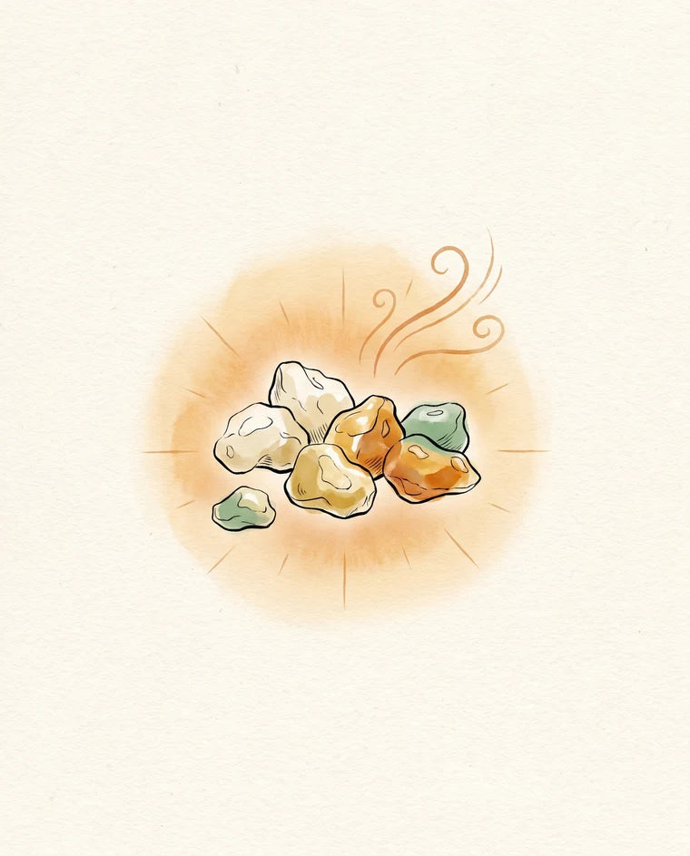 Illustration: jade-green frankincense resin glowing with golden honeyed warmth