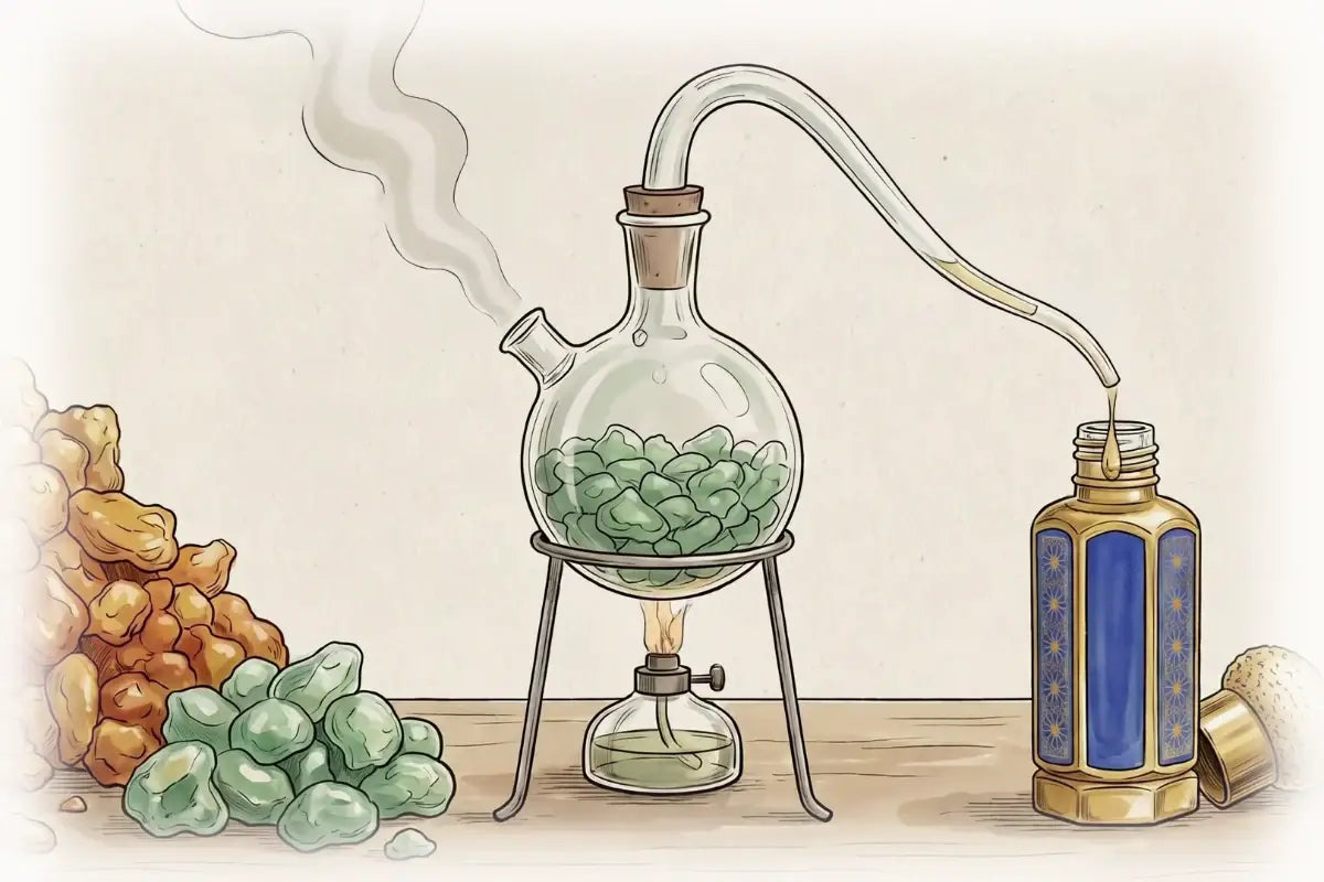 A distiller's bench: a pile of Hojari frankincense, the rare jade-green grade sorted from it, a glass alembic still, and our small gold and blue bottle being filled with oil