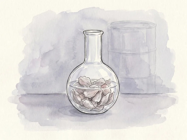 Rose petals steeping in a chemical solvent in a laboratory vessel, an illustration