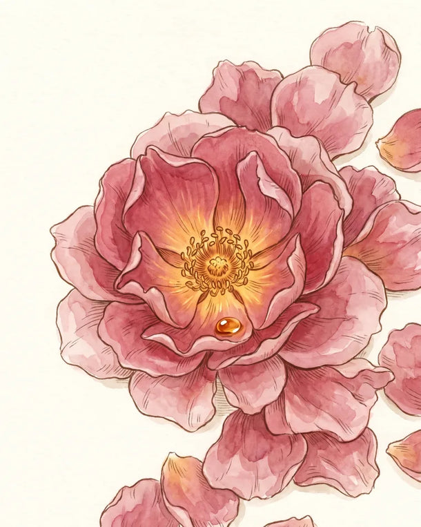 Heart note, illustrated: full honeyed rose, the Rosa damascena itself