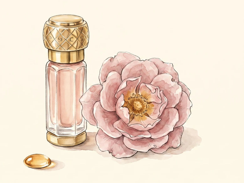 The small Rose Otto bottle beside an open Damascena rose, a single drop of oil resting beside it, an illustration