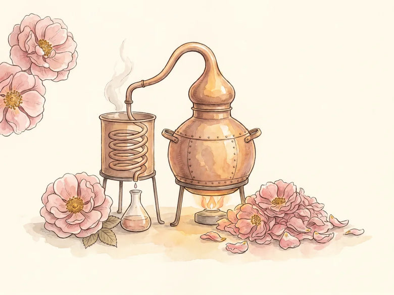 The hydrodistillation of rose otto: a copper still, steam, and Damascena petals, illustrated