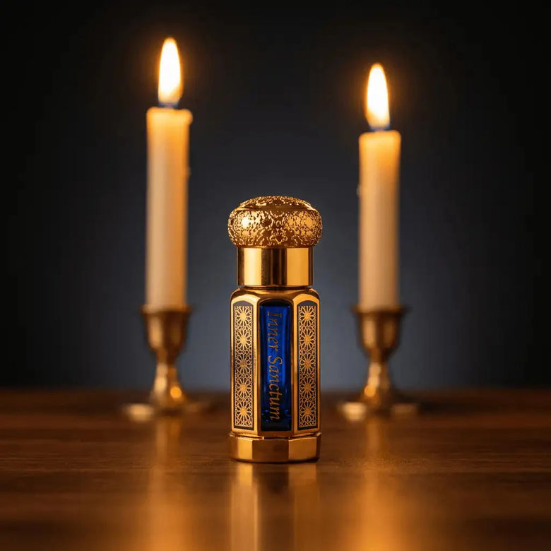 The Inner Sanctum bottle beside lit candles, a quiet moment
