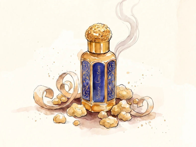 The Inner Sanctum bottle, frankincense and sandalwood blended by one hand, an illustration