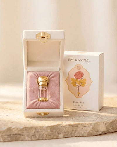 Rose Otto essential oil in velvet presentation box with packaging